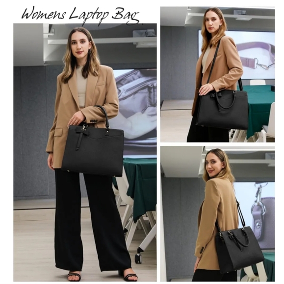 Laptop Bag for Women 15.6 Inch Tote Business Work Bag Leather Waterproof - Black - Picture 4 of 14